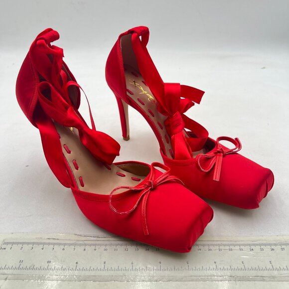 XYD Red Ribbon Lace-up Pumps Square Toe Ankle Strappy Bowknot Prom Shoes - Picture 3 of 7